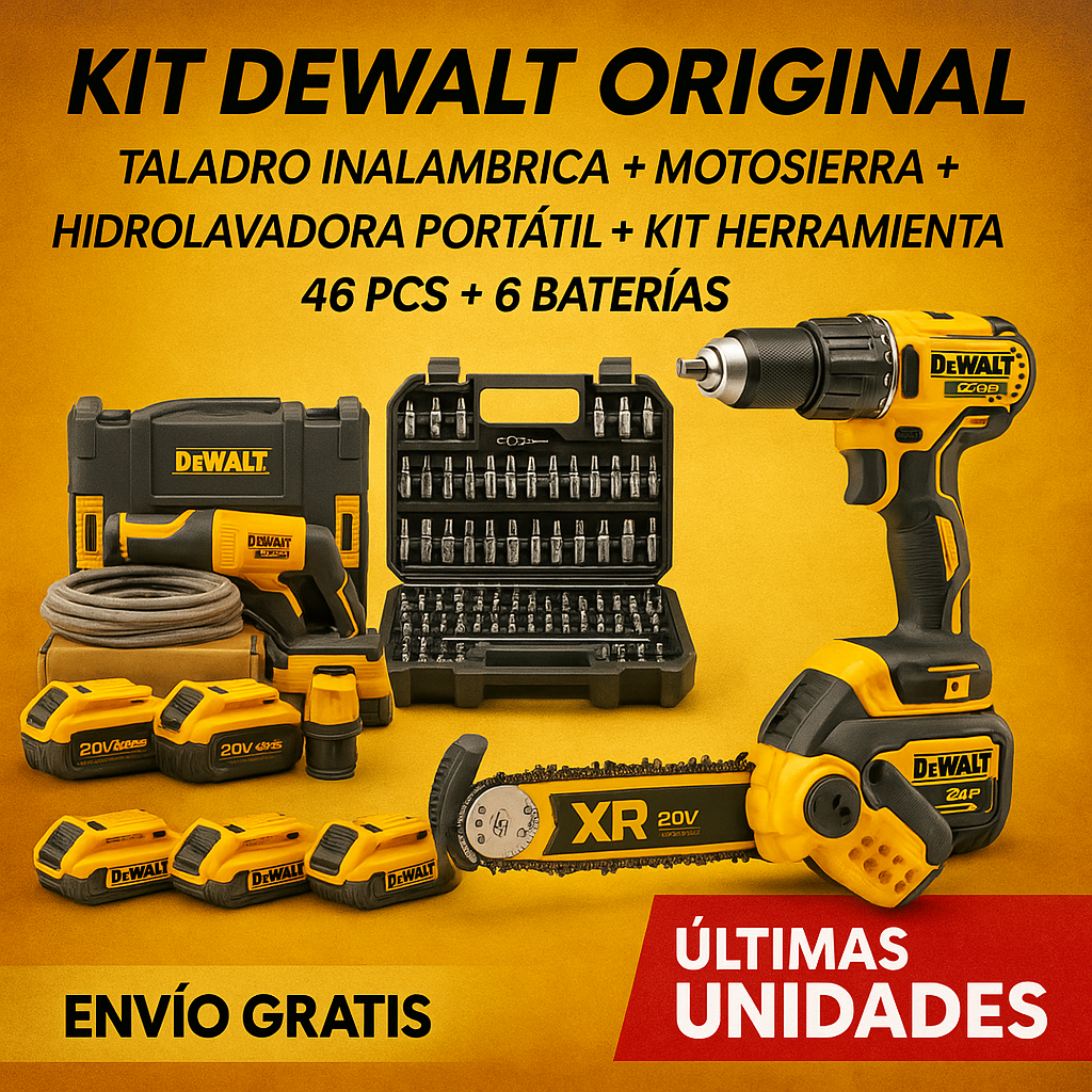 KIT DEWALT ORIGINAL: TALADRO INALAMBRICA + MOTOSIERRA + HIDROLAVADORA PORTÁTIL + KIT HERRAMIENTA 46 PCS + 6 BATERIAS PROMOCION CIERRE DE LA TIENDA - ENVÍO GRATIS